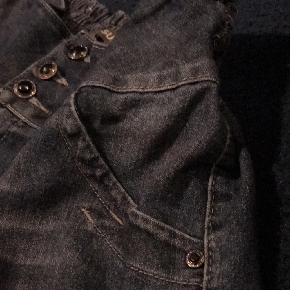 KD Surf Y2K Stretch Dark Wash Blue Denim Shorts With Black Crystal Cut Buttons